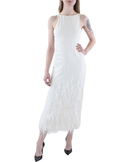Cult Gaia White Aja Feather Trim Halter Cocktail And Party Dress