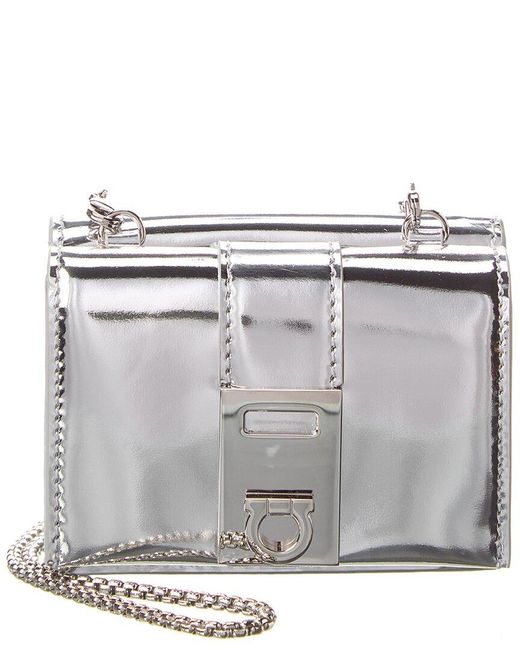 Ferragamo Gray Hug Leather French Wallet On Chain