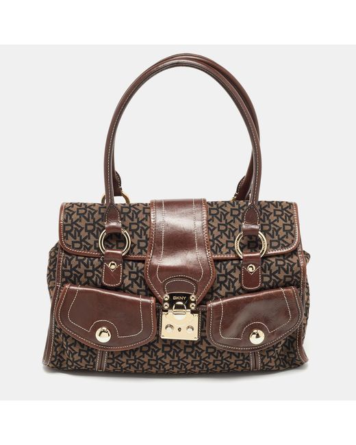 DKNY Brown Signature Canvas And Leather Front Pocket Tote