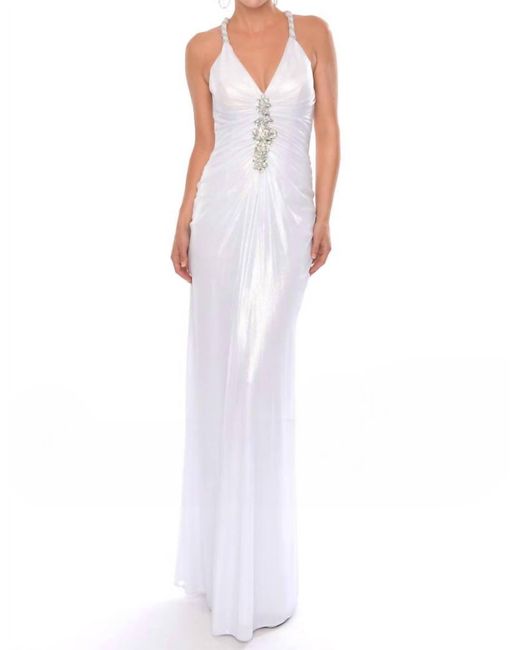 Precious Formals White Diamond-Adorned Halter Holographic Evening Gown