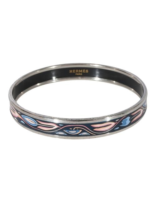 Hermès Black Narrow Enamel Bracelet With Pink & Blue Design Palladium Plated (67mm)