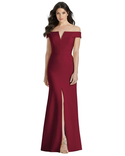 Dessy Collection Red Off-the-shoulder Notch Trumpet Gown With Front Slit