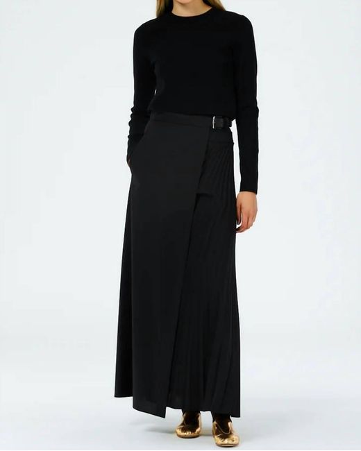 Tibi Black Tropical Wool Pleated Leather Belt Maxi Skirt