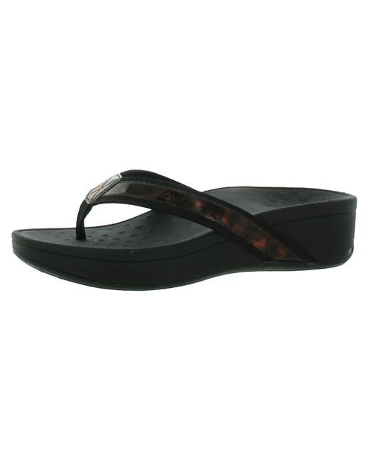 Vionic Black High Tide Leather Wedge Thong Sandals