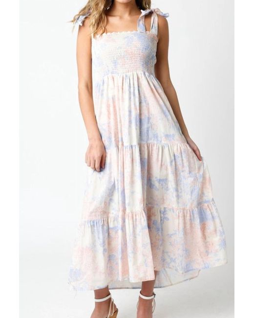 Olivaceous White Floral Smocked Midi Dress