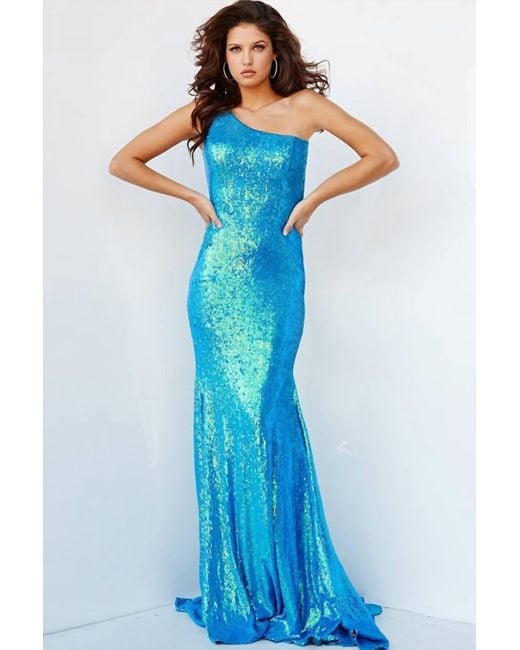 Jovani Blue Fitted Long One Shoulder Evening Gown
