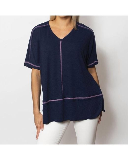 Sno Skins Blue Seersucker V-Neck Boyfriend Top With Contrast Thread