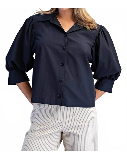 Eesome Blue Solid Puff Sleeve Button Down Blouse