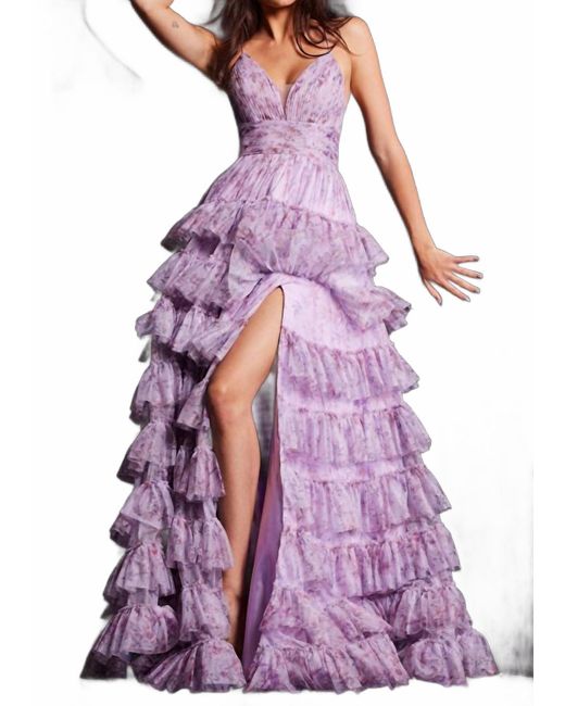 Jovani Purple V Neckline Print Dress