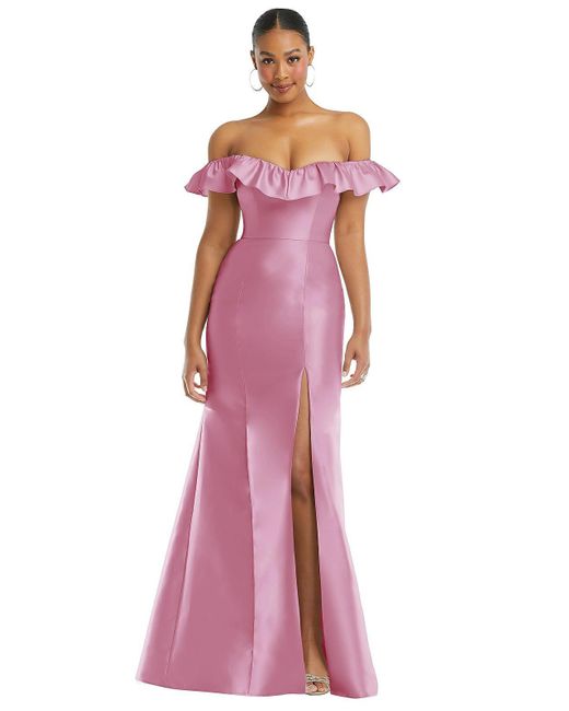 Alfred Sung Purple Off-the-shoulder Ruffle Neck Satin Trumpet Gown