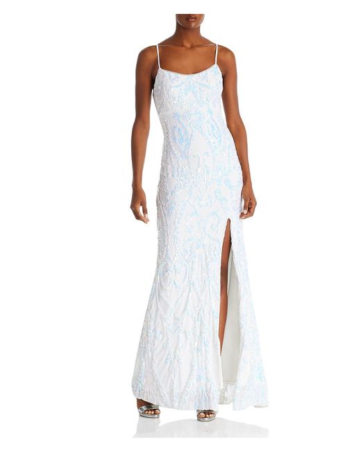 Aqua White Sequined Long Evening Dress