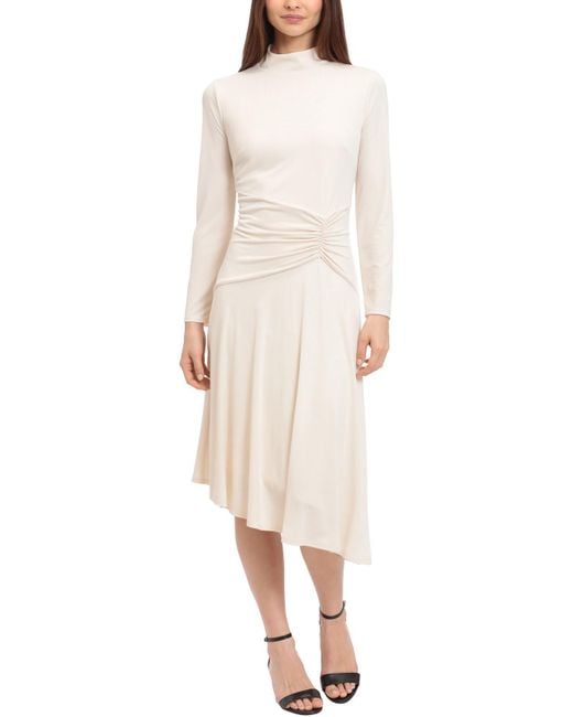 Maggy London Natural Ruched Mock Neck Midi Dress