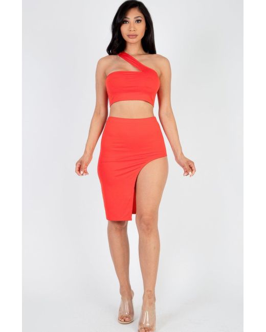 TRUEDAMES Red Fashnzfab Sexy Solid One Shoulder Crop Top & Split Thigh Midi Skirt Set