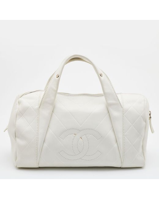 Chanel White Offdouble Quilt Leather Bowler Bag