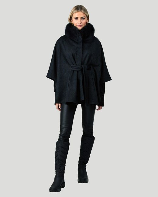 Gorski Black Wool Belted Cape With Fox Collar