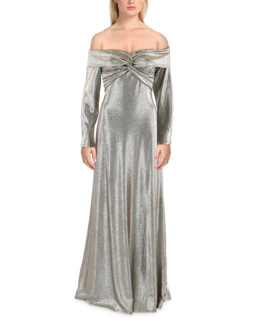 Lauren by Ralph Lauren Gray Metallic Off-the-shoulder Evening Dress