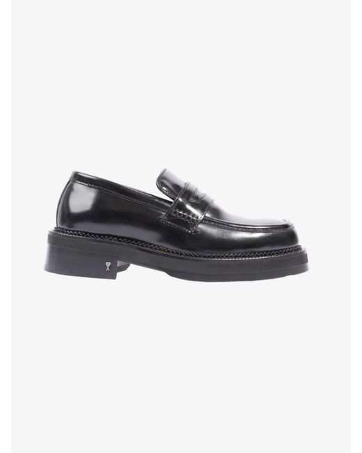 AMI Black Square-toe Polished Loafers Calfskin Leather for men