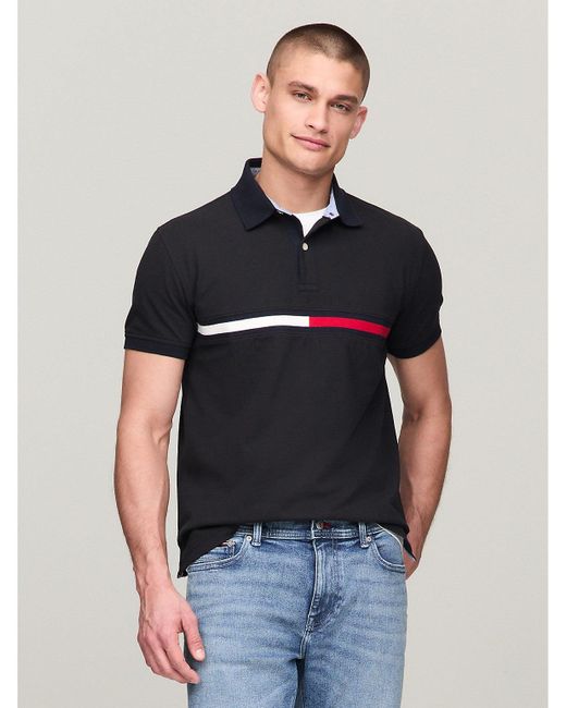 Tommy Hilfiger Black Regular Fit Embroidered Stripe Logo Polo for men