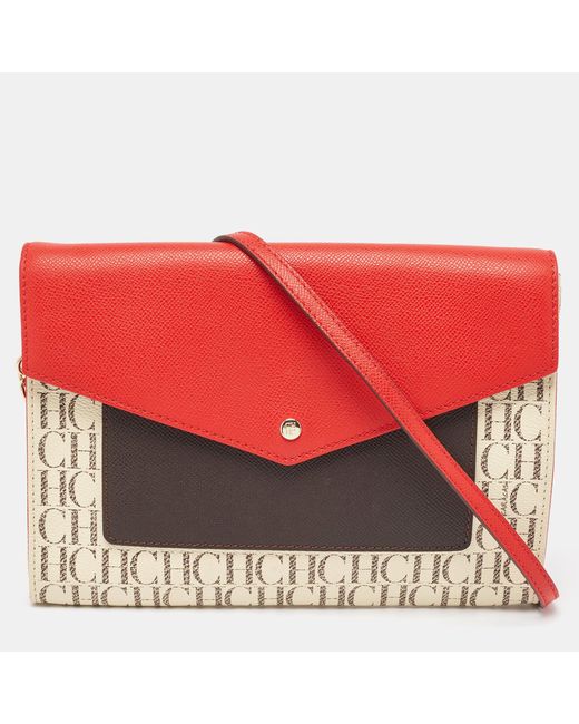 CH by Carolina Herrera Red Color Signature Coated Canvas And Leather Envelope Shoulder Bag