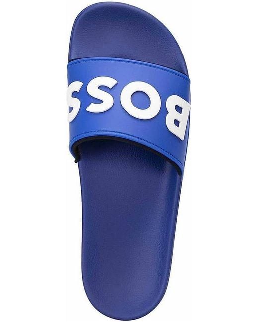 Boss Blue Kirk Bold Logo Rubber Slide Sandal for men