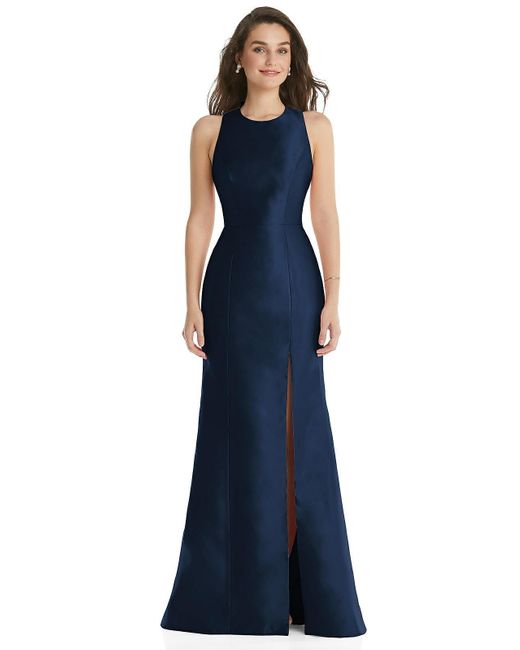Alfred Sung Blue Jewel Neck Bowed Open-back Trumpet Dress With Front Slit