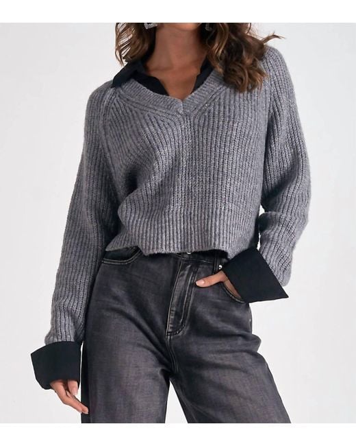 Elan Gray V-Neck Attached Collar Sweater