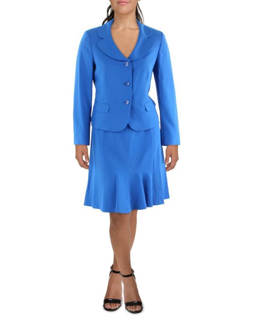 Le Suit Blue Crepe Three Button Skirt Suit