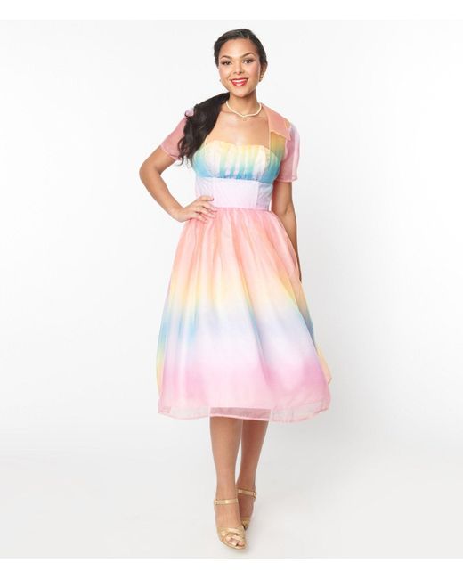 Unique Vintage Pink Pastel Rainbow Ombre Libby Swing Dress