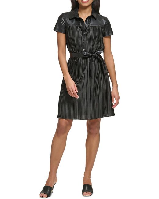 DKNY Black Gathered Above Knee Fit & Flare Dress