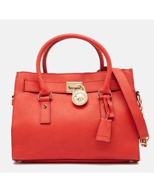 Michael Kors Red Micheal Kors Saffiano Leather East/west Hamilton Tote