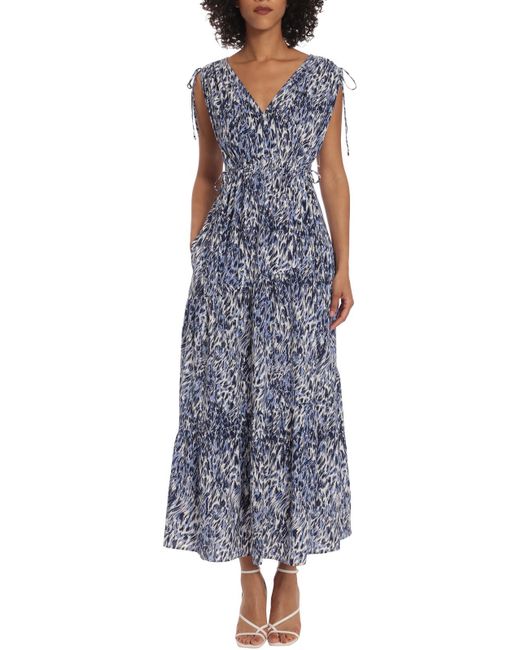 Maggy London Printed Tie Front Midi Dress in Blue | Lyst