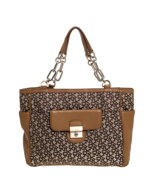 DKNY Brown /tan Signature Canvas And Leather Tote