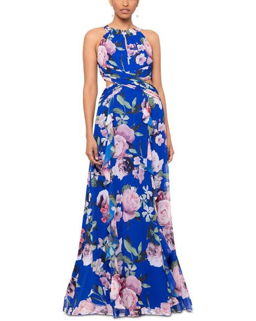 Xscape Blue Floral Print Chiffon Maxi Dress