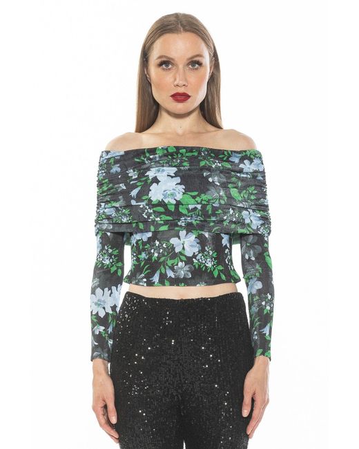 Alexia Admor Green Ruched Off-Shoulder Cropped Knit Top