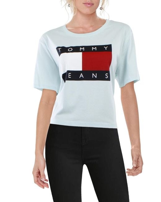 Tommy Hilfiger Flag Cropped Graphic T-shirt in White | Lyst