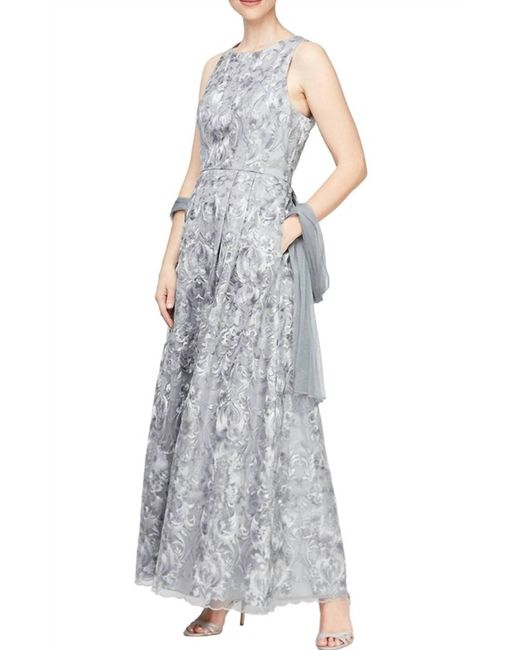 Alex Evenings White Pewter A-line Embroidered Dress