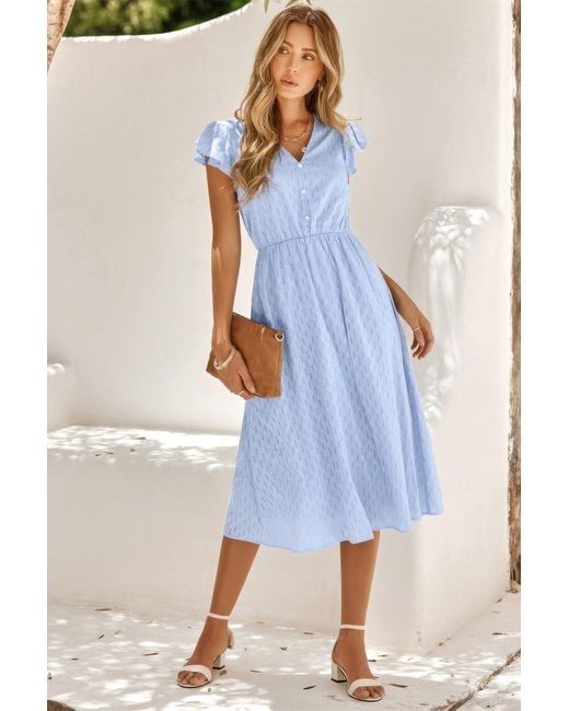 TRUEDAMES Blue V Neck Short Sleeve Solid Ruffle A Line Midi Dress