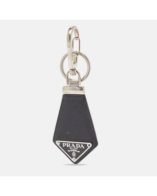 Prada White Leather Triangle Logo Key Chain