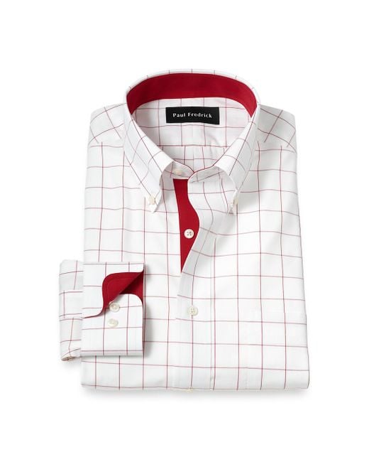 Paul Fredrick White Slim Fit Non-Iron Cotton Windowpane Dress Shirt With Contrast Trim for men