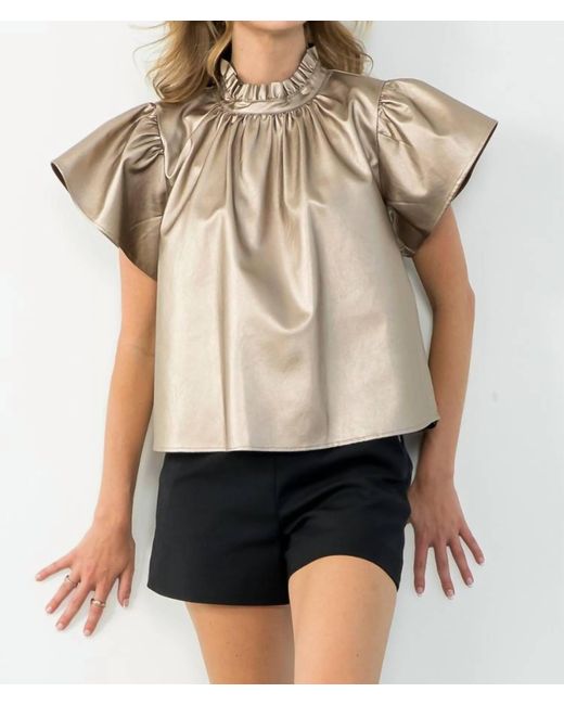 Thml Black Madison Flutter Sleeve Leather Top In Gold