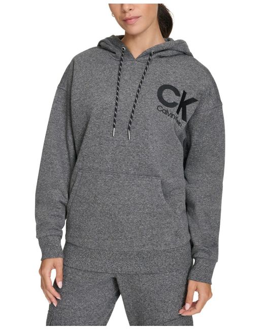 Calvin Klein Women's Gray Eco Hoodie Heather Fleece Logo Pullover
