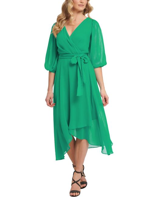 DKNY Green Chiffon Faux-wrap Midi Dress