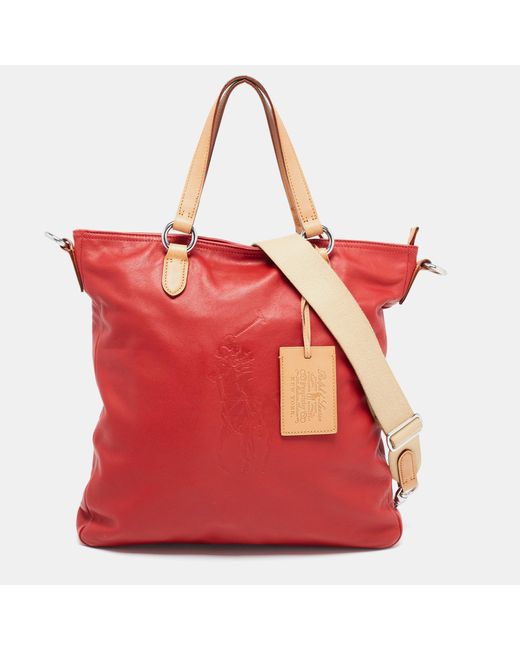 Ralph Lauren Red /tan Leather Shopper Tote