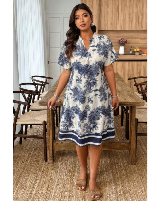 TRUEDAMES Brown Plus Size Floral Print V Neck Fit Midi Dress