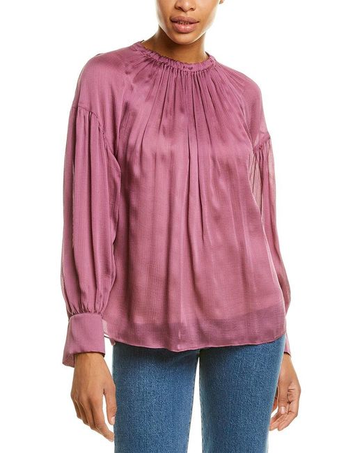 Vince Shirred Neck Silk Blouse in Pink 