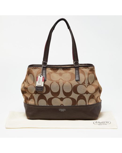 COACH Brown /beige Signature Canvas And Leather Hamptons Weekend Tote
