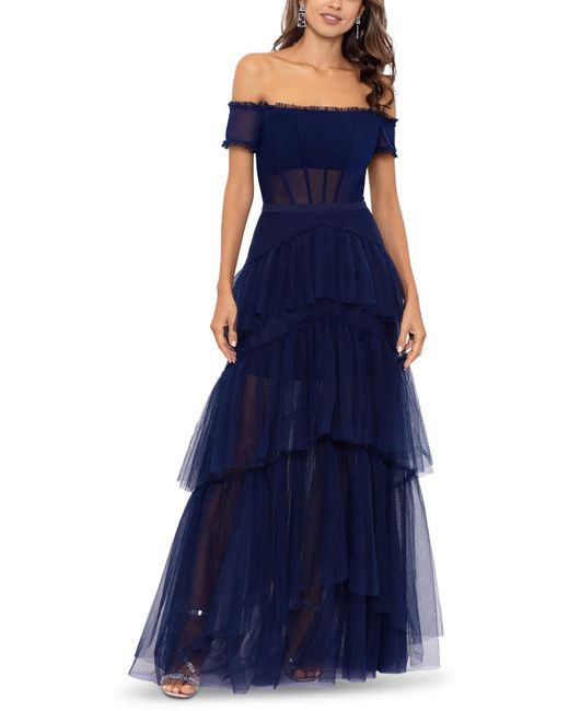 Betsy & Adam Blue Off-the-shoulder Tiered Evening Dress