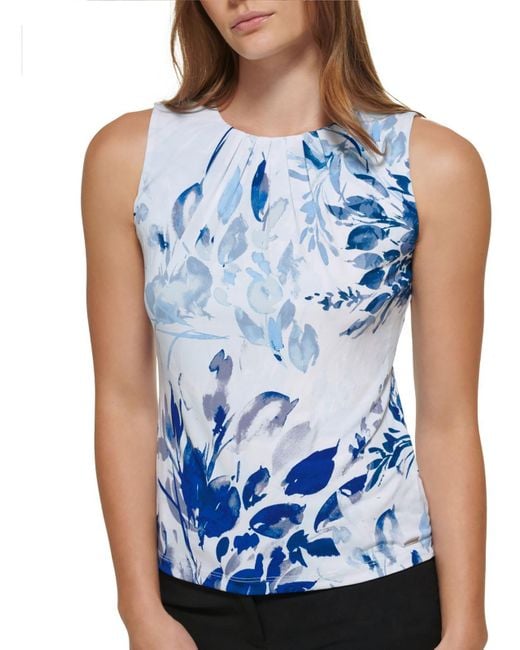 Calvin Klein Blue Petites Sleeveless Floral Print Blouse