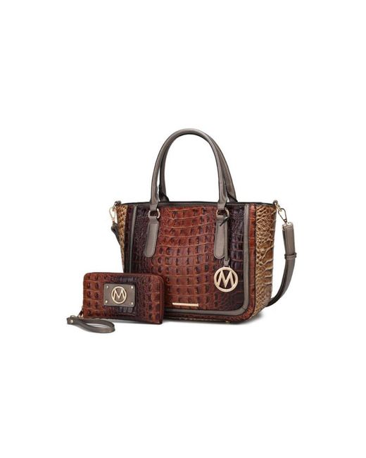 Fashnzfab Brown Faux Crocodile-Embossed Satchel Bag