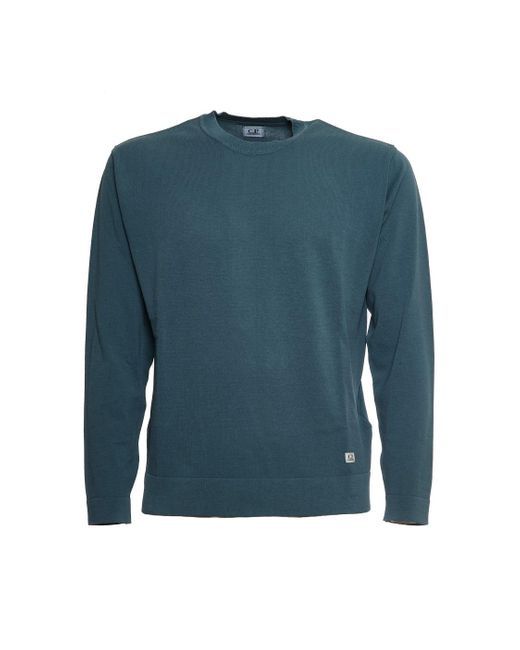 C P Company Blue Cotton Crepe Crewneck With Ribbed Cuffs for men